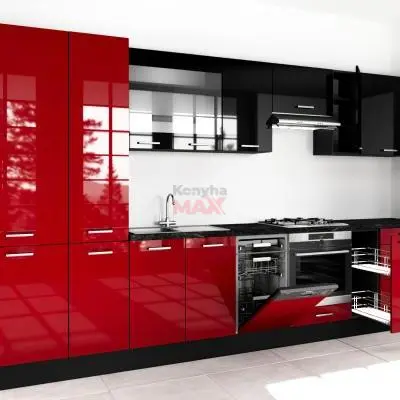 Nápoly Lux Magasfényű Fekete-Bordó konyhabútor 375 cm