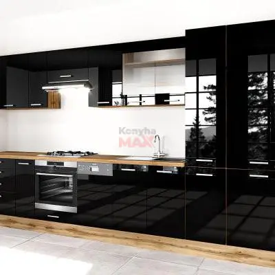 Nápoly Király Lux Magasfényű Fekete konyhabútor 375 cm